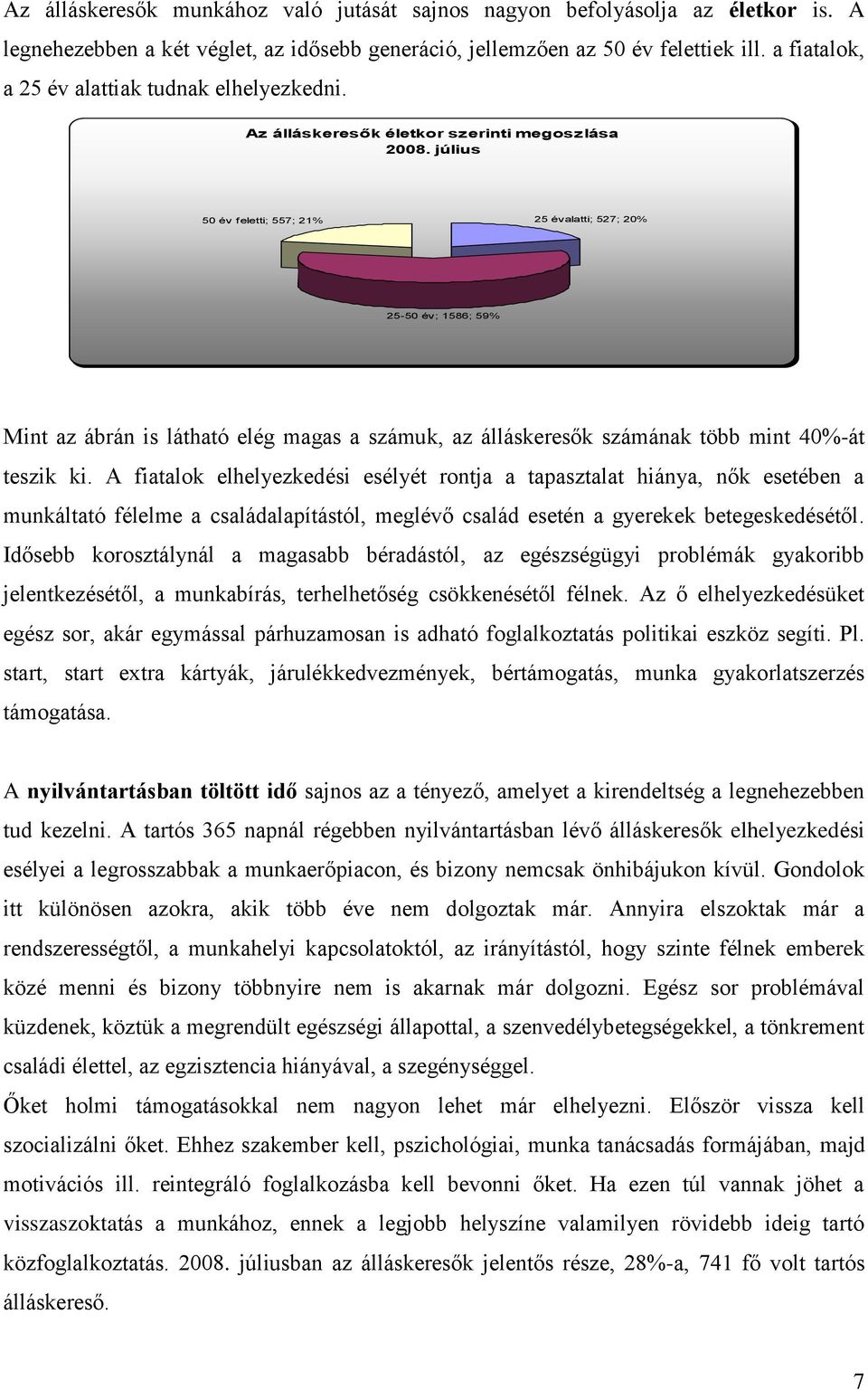 július 50 év feletti; 557; 21% 25 évalatti; 527; 20% 25-50 év; 1586; 59% Mint az ábrán is látható elég magas a számuk, az álláskeresők számának több mint 40%-át teszik ki.