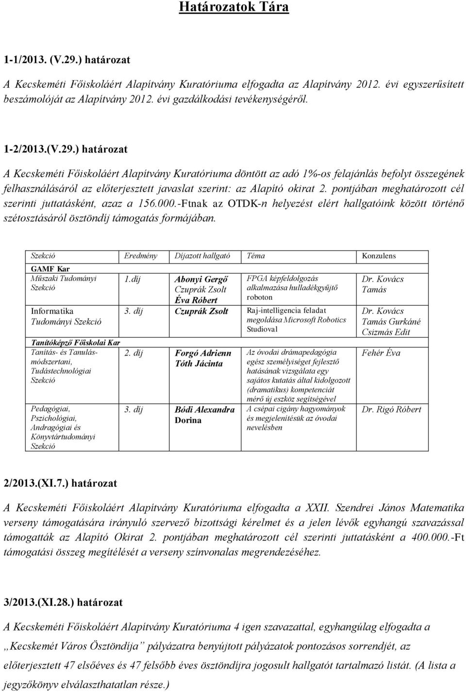 ) határozat A Kecskeméti Főiskoláért Alapítvány Kuratóriuma döntött az adó 1%-os felajánlás befolyt összegének felhasználásáról az előterjesztett javaslat szerint: az Alapító okirat 2.