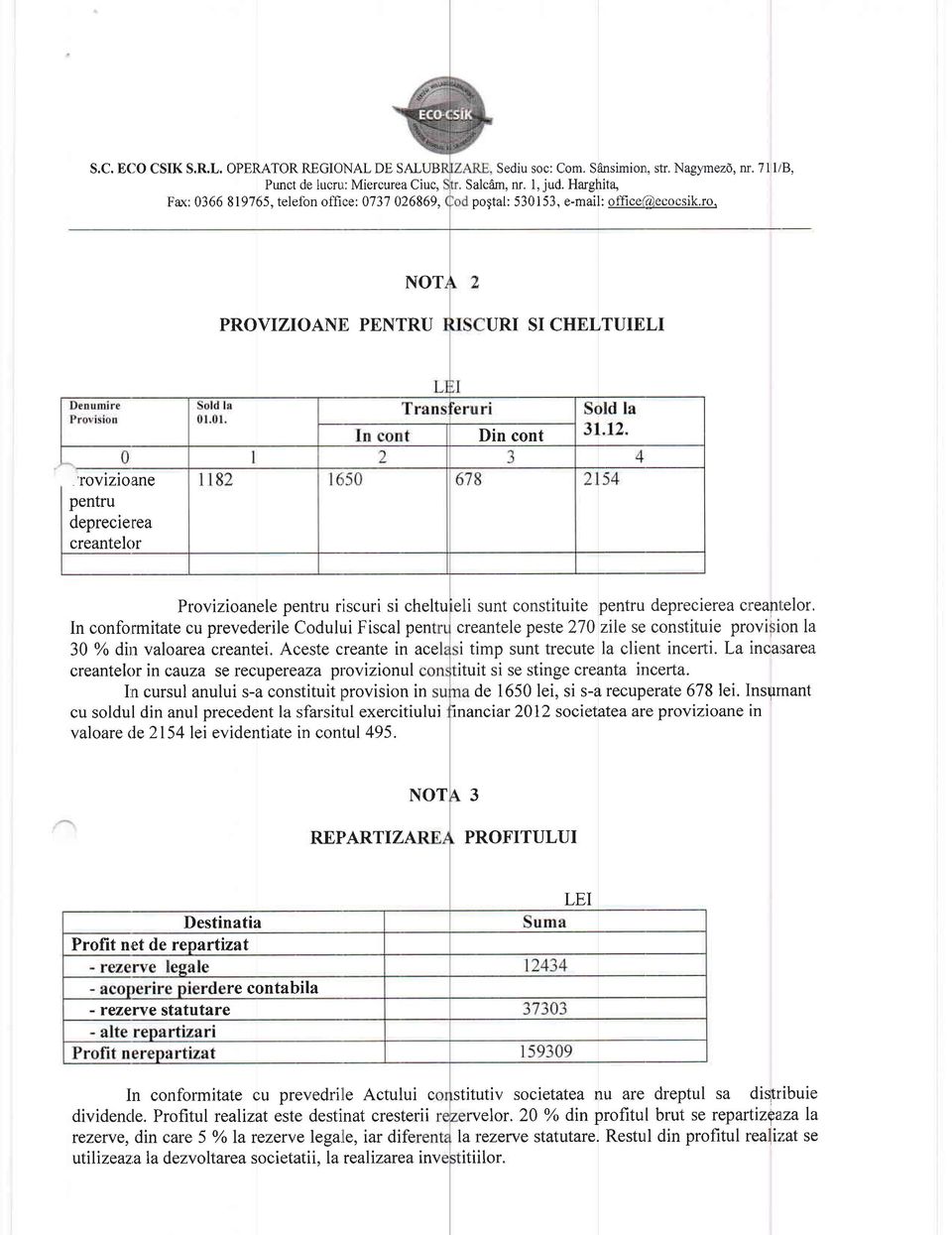 NOT PROVIZIOAN]I PENTRU URI SI CHELTUIELI Din cont rovizioane pentru deprecierea creantelor Provizioanele pentru riscuri si cheltu eli sunt constituite pentru deprecierea cn'eantelor.