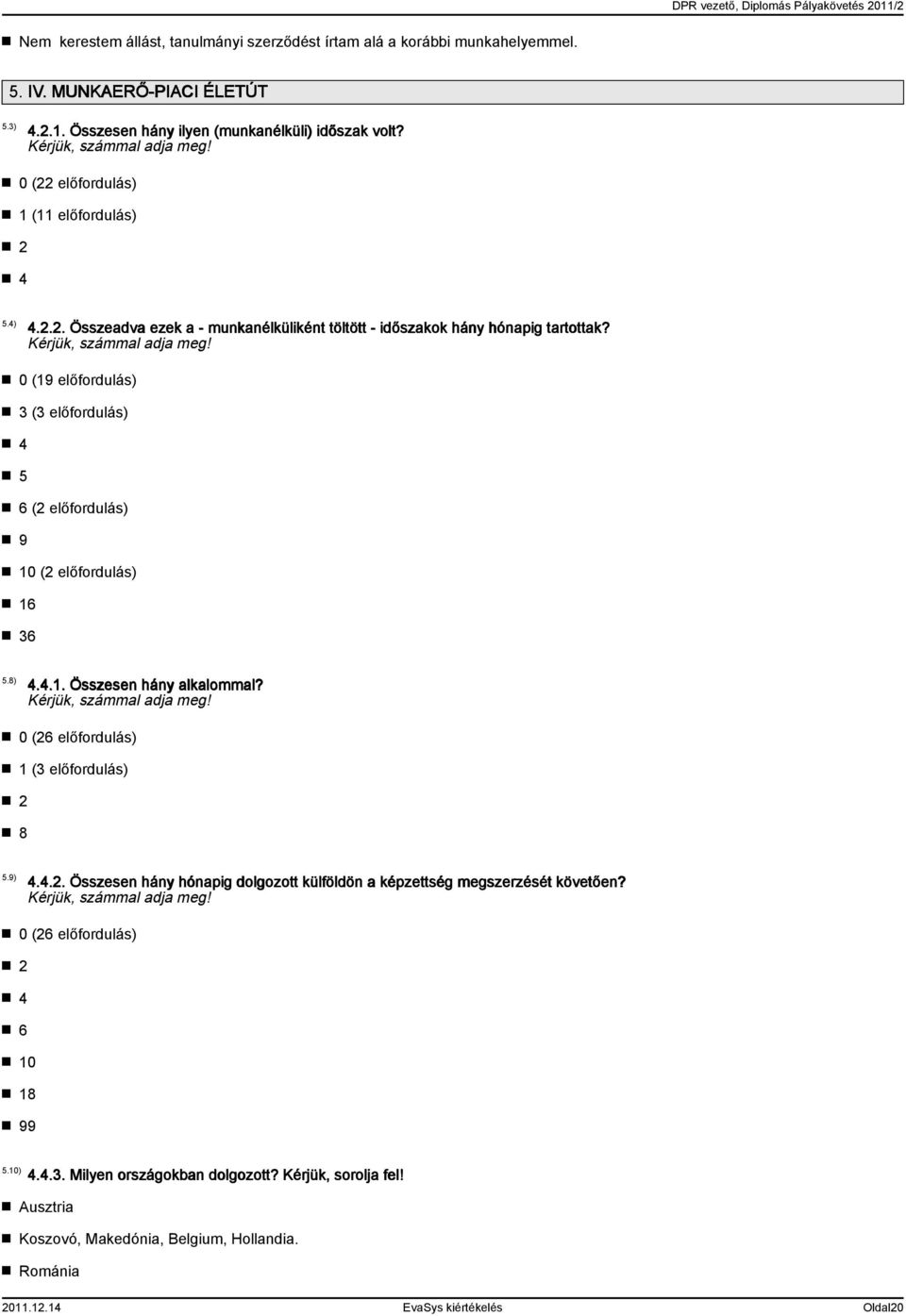 0 (19 előfordulás) 3 (3 előfordulás) 4 5 6 (2 előfordulás) 9 10 (2 előfordulás) 16 36 5.8) 4.4.1. Összesen hány alkalommal? Kérjük, számmal adja meg! 0 (26 előfordulás) 1 (3 előfordulás) 2 8 5.9) 4.4.2. Összesen hány hónapig dolgozott külföldön a képzettség megszerzését követően?