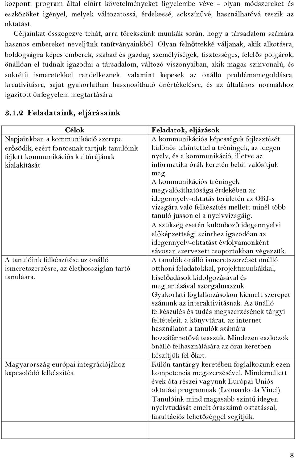 Olyan felnőttekké váljanak, akik alkotásra, boldogságra képes emberek, szabad és gazdag személyiségek, tisztességes, felelős polgárok, önállóan el tudnak igazodni a társadalom, változó viszonyaiban,