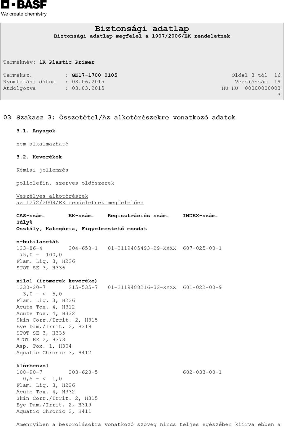 Súly% Osztály, Kategória, Figyelmeztető mondat n-butilacetát 123-86-4 204-658-1 01-2119485493-29-XXXX 607-025-00-1 75,0-100,0 Flam. Liq.