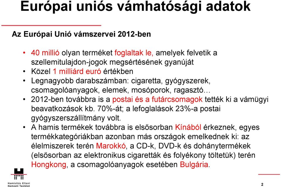 beavatkozások kb. 70%-át; a lefoglalások 23%-a postai gyógyszerszállítmány volt.