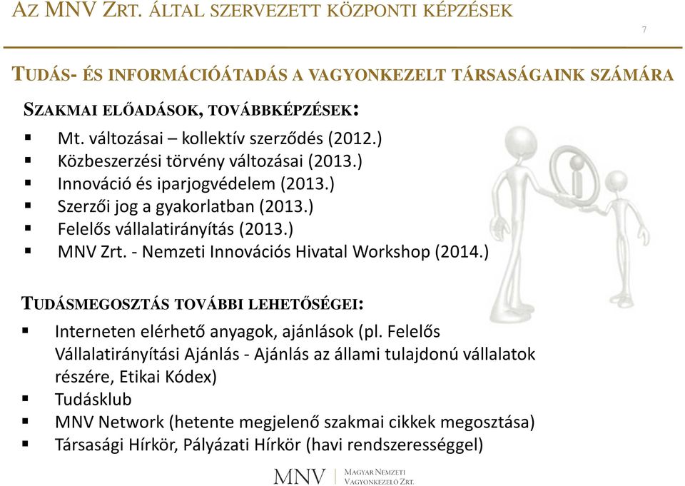 ) Felelős vállalatirányítás (2013.) MNV Zrt. - Nemzeti Innovációs Hivatal Workshop (2014.) TUDÁSMEGOSZTÁS TOVÁBBI LEHETŐSÉGEI: Interneten elérhető anyagok, ajánlások (pl.