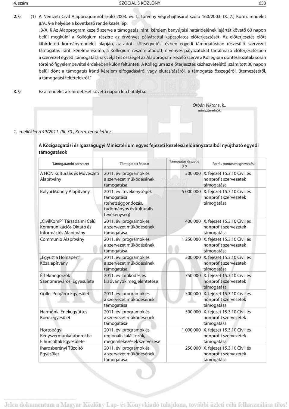 Az elõterjesztés elõtt kihirdetett kormányrendelet alapján, az adott költségvetési évben egyedi támogatásban részesülõ szervezet támogatás iránti kérelme esetén, a Kollégium részére átadott, érvényes