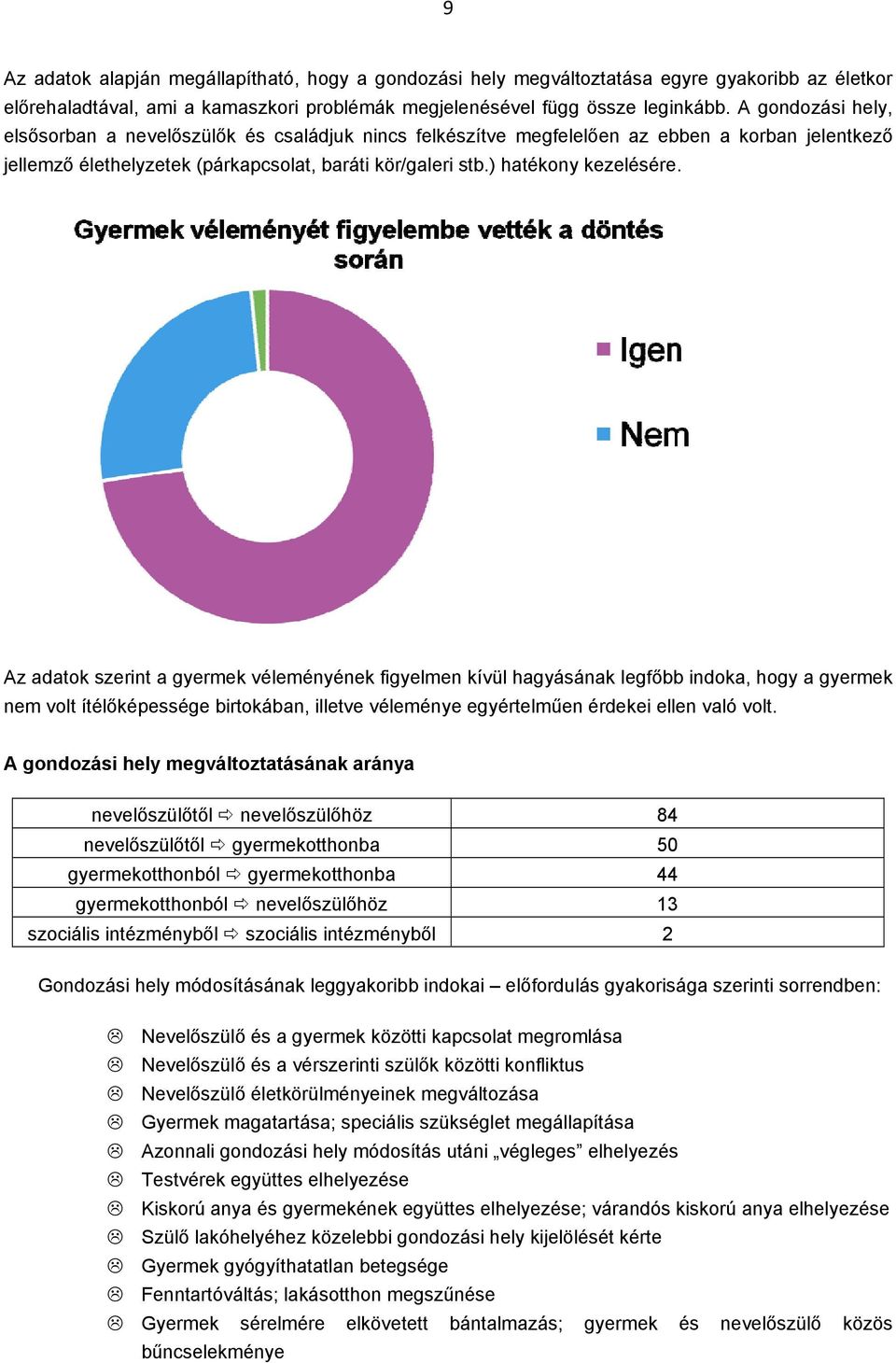 Az adatok szerint a gyermek véleményének figyelmen kívül hagyásának legfőbb indoka, hogy a gyermek nem volt ítélőképessége birtokában, illetve véleménye egyértelműen érdekei ellen való volt.