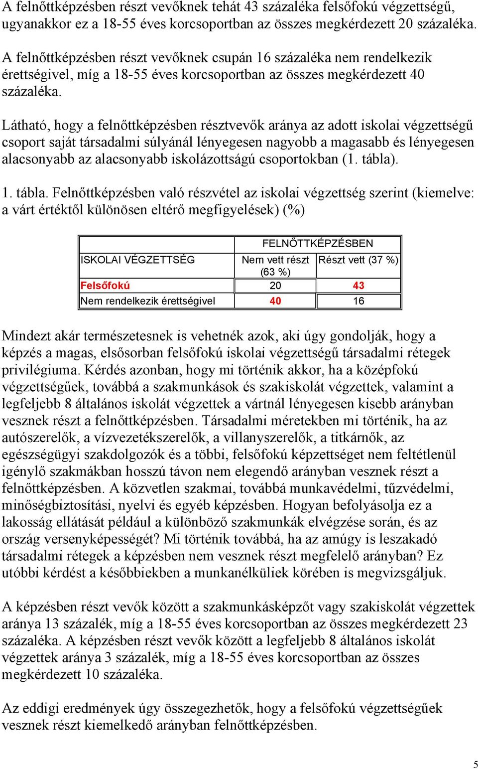 Látható, hogy a felnőttképzésben résztvevők aránya az adott iskolai végzettségű csoport saját társadalmi súlyánál lényegesen nagyobb a magasabb és lényegesen alacsonyabb az alacsonyabb iskolázottságú