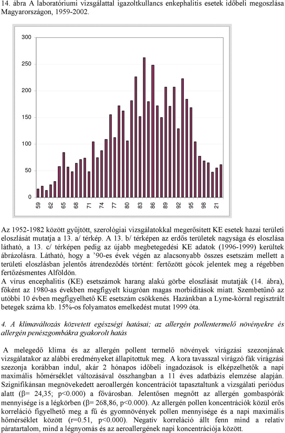 A 13. b/ térképen az erdős területek nagysága és eloszlása látható, a 13. c/ térképen pedig az újabb megbetegedési KE adatok (1996-1999) kerültek ábrázolásra.