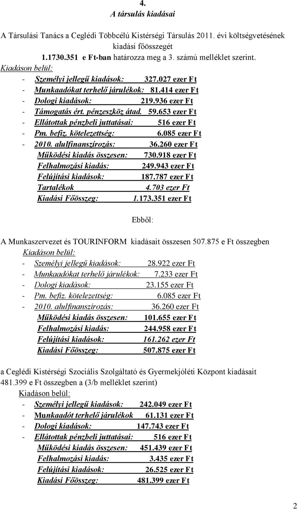 653 ezer Ft - Ellátottak pénzbeli juttatásai: 516 ezer Ft - Pm. befiz. kötelezettség: 6.085 ezer Ft - 2010. alulfinanszírozás: 36.260 ezer Ft Működési kiadás összesen: 730.