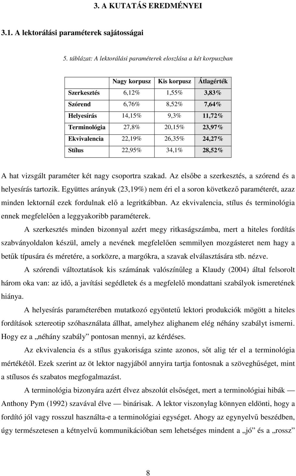 27,8% 20,15% 23,97% Ekvivalencia 22,19% 26,35% 24,27% Stílus 22,95% 34,1% 28,52% A hat vizsgált paraméter két nagy csoportra szakad. Az elsıbe a szerkesztés, a szórend és a helyesírás tartozik.