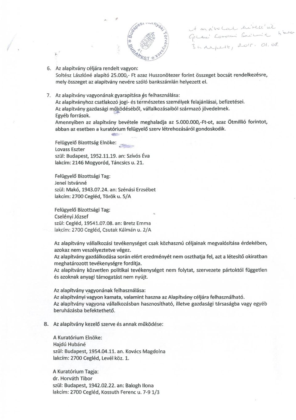 Az alapítvány vagyonának gyarapítása ~s felhasználása: Az alapítványhoz csatlakozó jogi- és természetes személyek felajánlásai, befizetései.