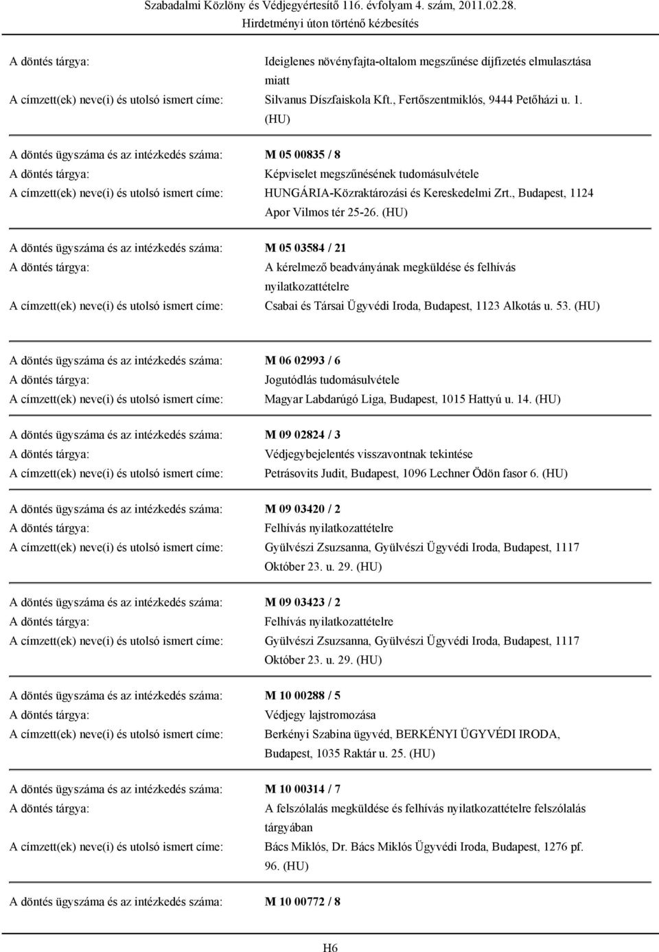 A döntés ügyszáma és az intézkedés száma: M 05 03584 / 21 A kérelmező beadványának megküldése és felhívás nyilatkozattételre A címzett(ek) neve(i) és utolsó ismert címe: Csabai és Társai Ügyvédi