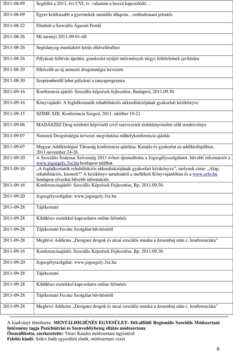 2011-08-26 Segédanyag munkaköri leírás elkészítéséhez 2011-08-26 Pályázati felhívás ápolást, gondozást nyújtó intézmények tárgyi feltételeinek javítására 2011-08-29 Elkészült az új nemzeti