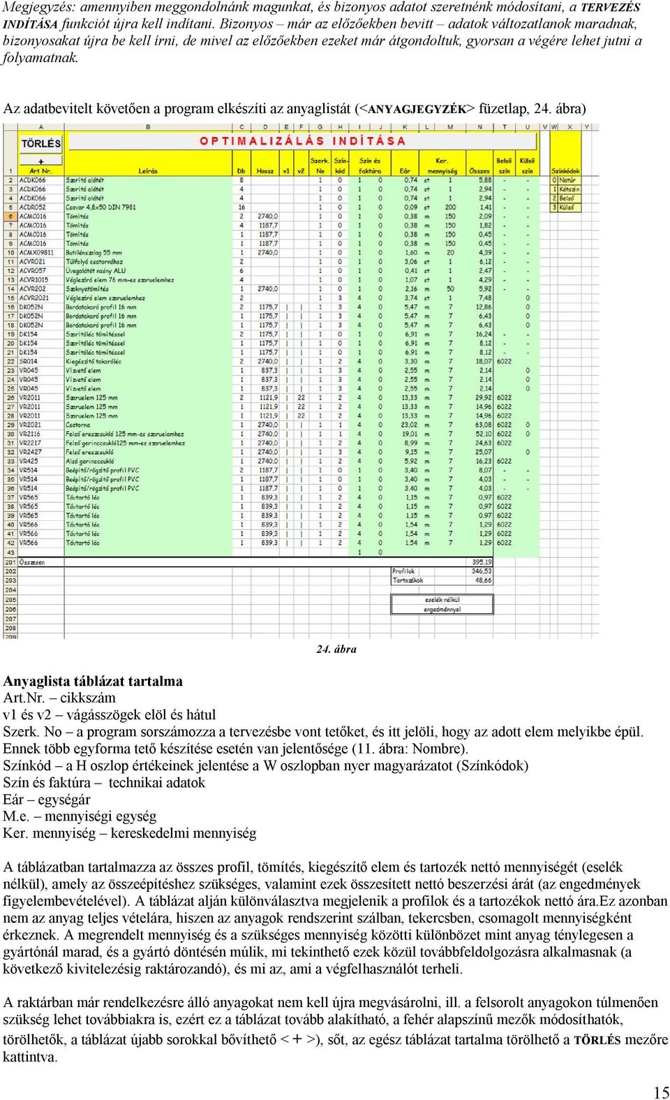 Az adatbevitelt követően a program elkészíti az anyaglistát (<ANYAGJEGYZÉK> füzetlap, 24. ábra) 24. ábra Anyaglista táblázat tartalma Art.Nr. cikkszám v1 és v2 vágásszögek elöl és hátul Szerk.