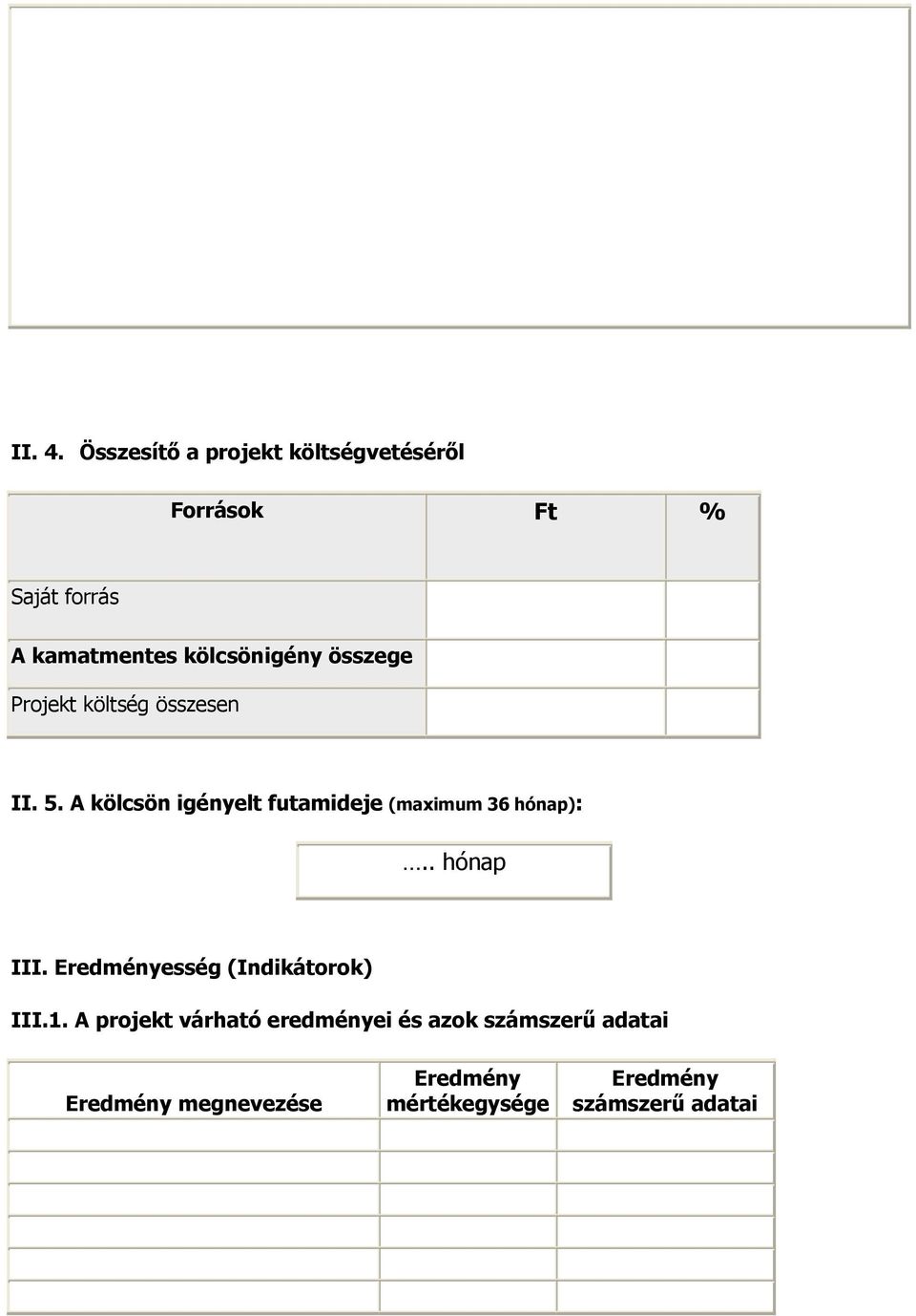 kölcsönigény összege Projekt költség összesen II. 5.