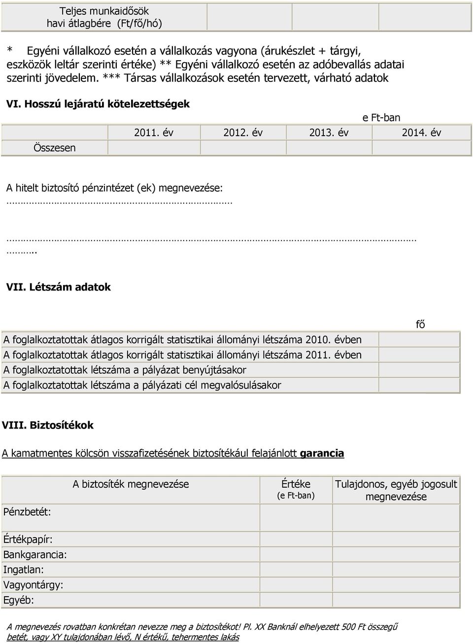 év A hitelt biztosító pénzintézet (ek) megnevezése:.. VII. Létszám adatok A foglalkoztatottak átlagos korrigált statisztikai állományi létszáma 2010.