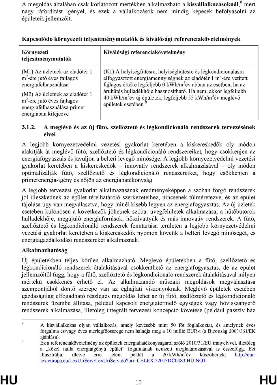 üzletnek az eladótér 1 m 2 -ére jutó éves fajlagos energiafelhasználása primer energiában kifejezve Kiválósági referenciakövetelmény (K1) A helyiségfűtésre, helyiséghűtésre és légkondicionálásra