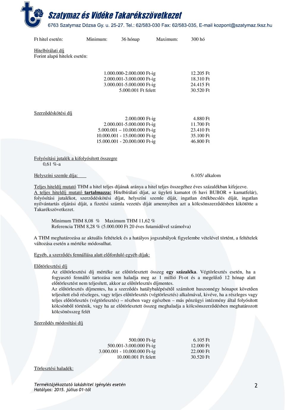 100 Ft 46.800 Ft Folyósítási jutalék a kifolyósított összegre 0,61 %-a Helyszíni szemle díja: 6.