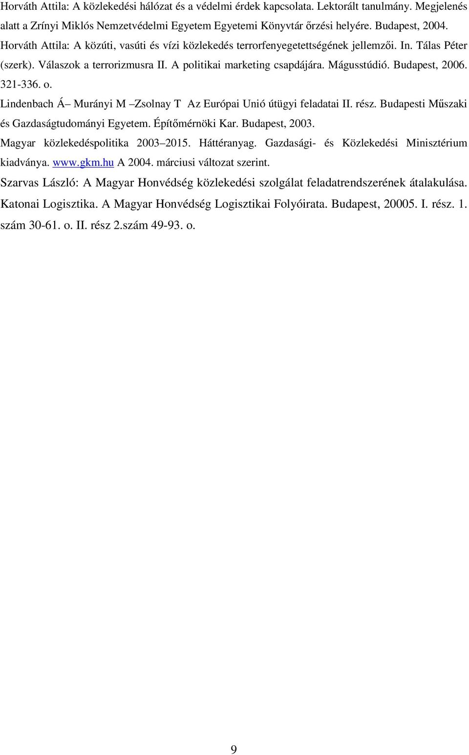 Budapest, 2006. 321-336. o. Lindenbach Á Murányi M Zsolnay T Az Európai Unió útügyi feladatai II. rész. Budapesti Műszaki és Gazdaságtudományi Egyetem. Építőmérnöki Kar. Budapest, 2003.