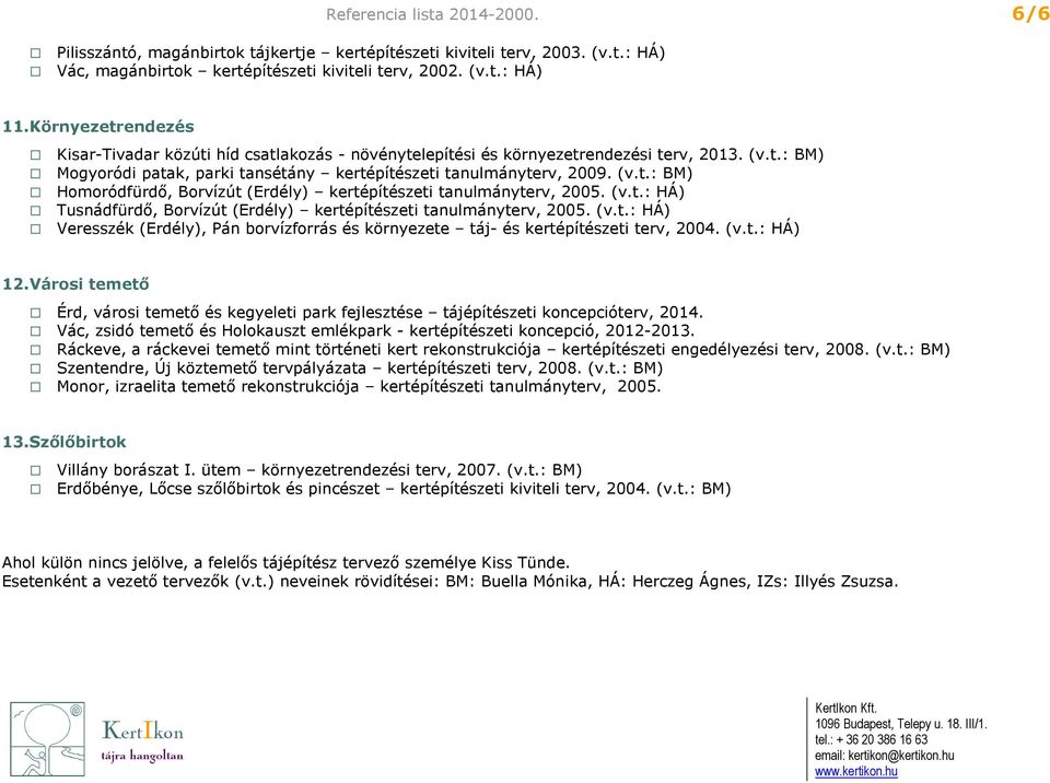 (v.t.: HÁ) Tusnádfürdő, Borvízút (Erdély) kertépítészeti tanulmányterv, 2005. (v.t.: HÁ) Veresszék (Erdély), Pán borvízforrás és környezete táj- és kertépítészeti terv, 2004. (v.t.: HÁ) 12.