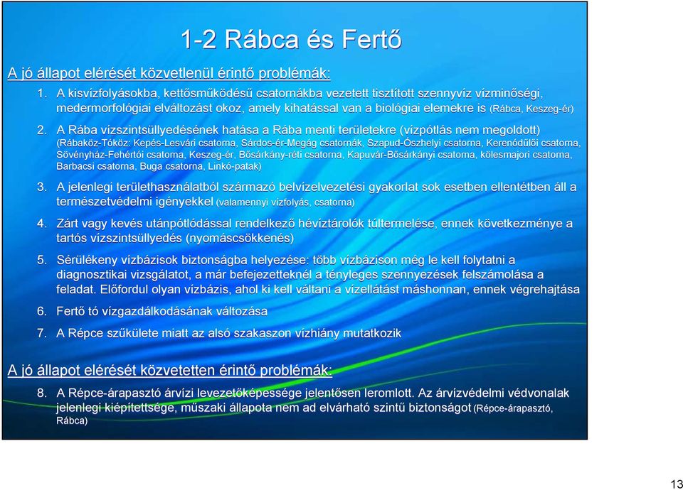 A Rába vízszintsüllyedésének hatása a Rába menti területekre (vízpótlás nem megoldott) (Rábaköz-Tóköz: Kepés-Lesvári csatorna, Sárdos-ér-Megág csatornák, Szapud-Ószhelyi csatorna, Kerenódűlői