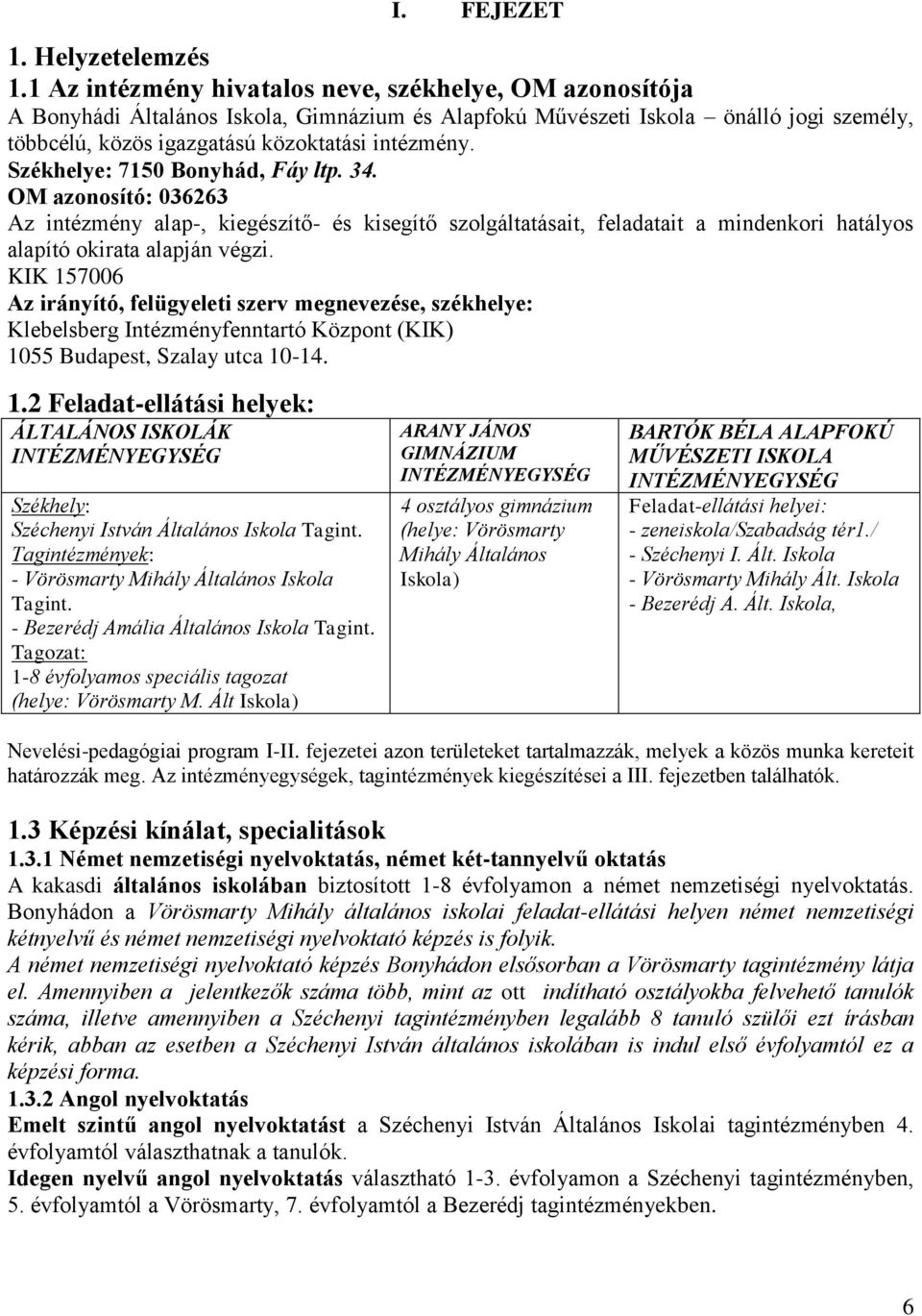 Székhelye: 7150 Bonyhád, Fáy ltp. 34. OM azonosító: 036263 Az intézmény alap-, kiegészítő- és kisegítő szolgáltatásait, feladatait a mindenkori hatályos alapító okirata alapján végzi.