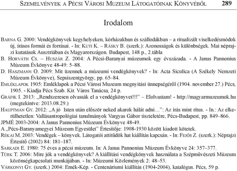 Mai néprajzi kutatások Ausztriában és Magyarországon. Budapest, 148 p., 2.tábla B. Horváth Cs. Huszár Z. 2004: A Pécsi-Baranyai múzeumok egy évszázada. - A Janus Pannonius Múzeum Évkönyve 48-49: 5 88.