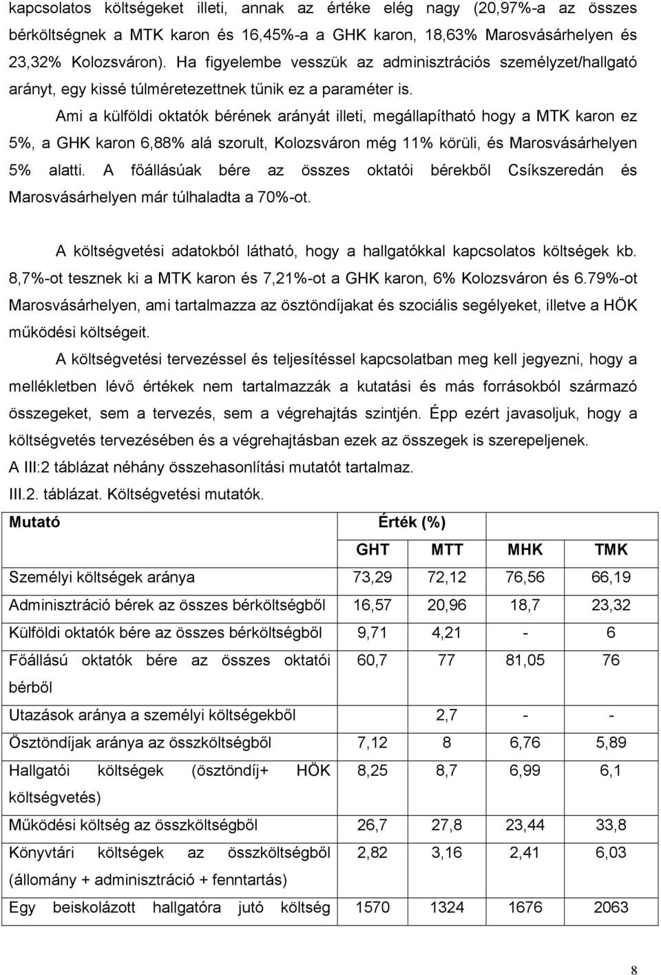 Ami a külföldi oktatók bérének arányát illeti, megállapítható hogy a MTK karon ez 5%, a GHK karon 6,88% alá szorult, Kolozsváron még 11% körüli, és Marosvásárhelyen 5% alatti.