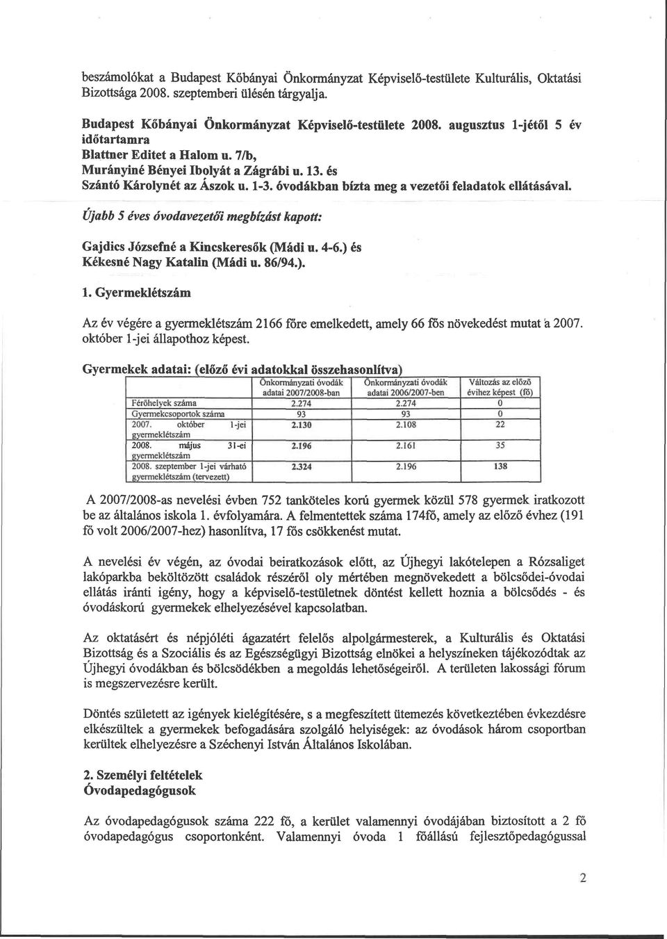 r Ujabb éves óvodavezetői megbízást kapott: Gajdics Józsefné a Kincskeresők (Mádi u. -6.) és Kékesné Nagy Katalin (Mádi u. 86/9.).. Gyermeklétszám Az év végére a gyermeklétszám 266 főre emelkedett, amely 66 fos növekedést mutat a 2007.