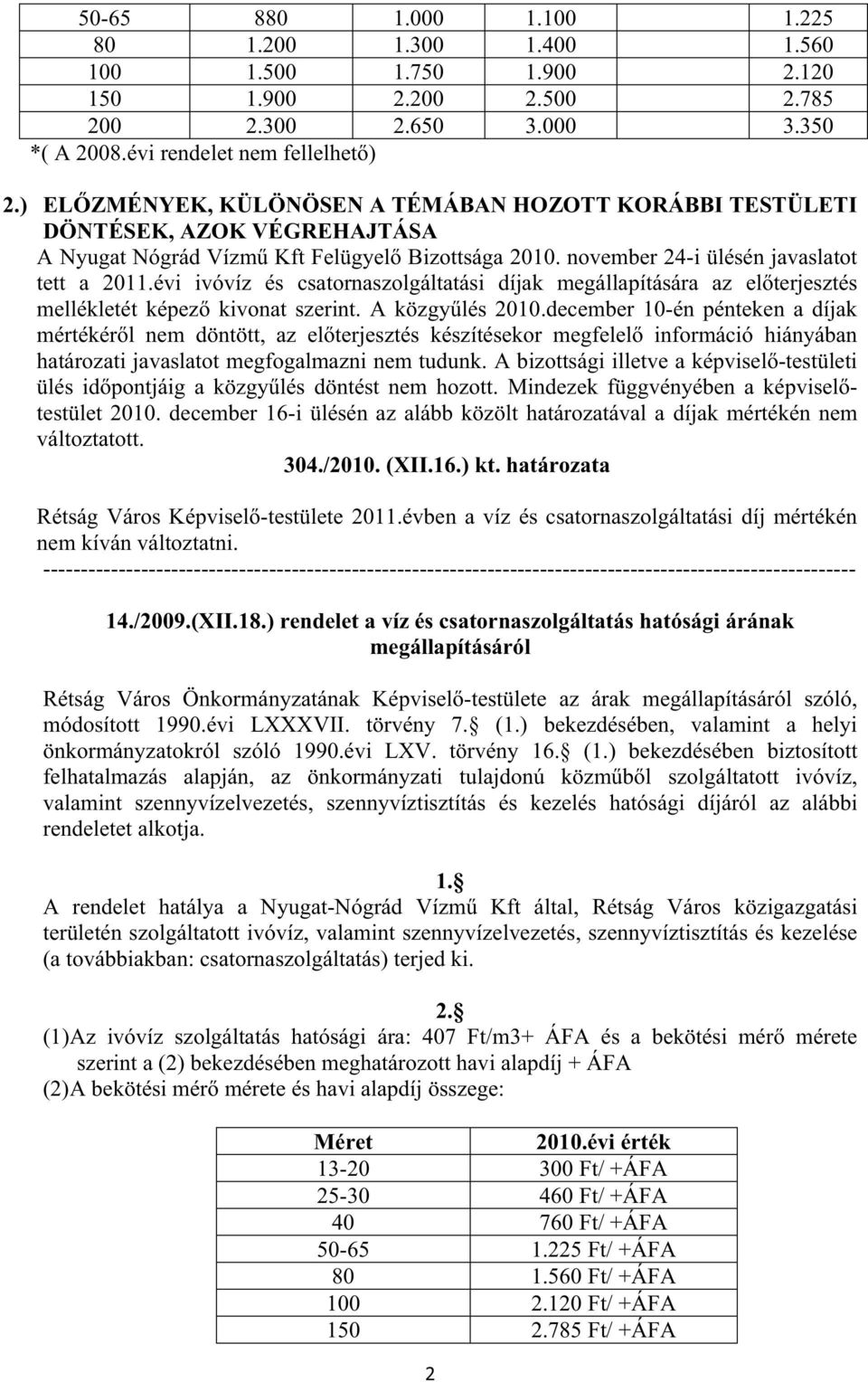 évi ivóvíz és csatornaszolgáltatási díjak megállapítására az el terjesztés mellékletét képez kivonat szerint. A közgy lés 2010.