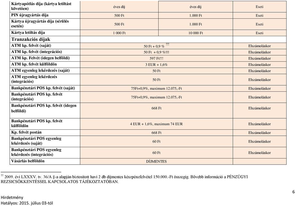 !! Elszámoláskor ATM kp. felvét külföldön 3 EUR + 1,6% Elszámoláskor ATM egyenleg lekérdezés (saját) 50 Ft Elszámoláskor ATM egyenleg lekérdezés (integrációs) 50 Ft Elszámoláskor Bankpénztári POS kp.