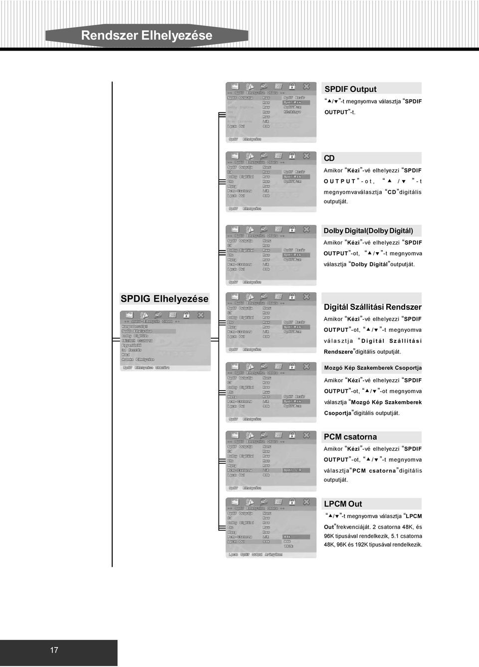 SPDIG Elhelyezése Digitál Szállitási Rendszer Amikor Kézi -vé elhelyezzi SPDIF OUTPUT -ot, / -t megnyomva választja Digitál Szállitási Rendszere digitális outputját.