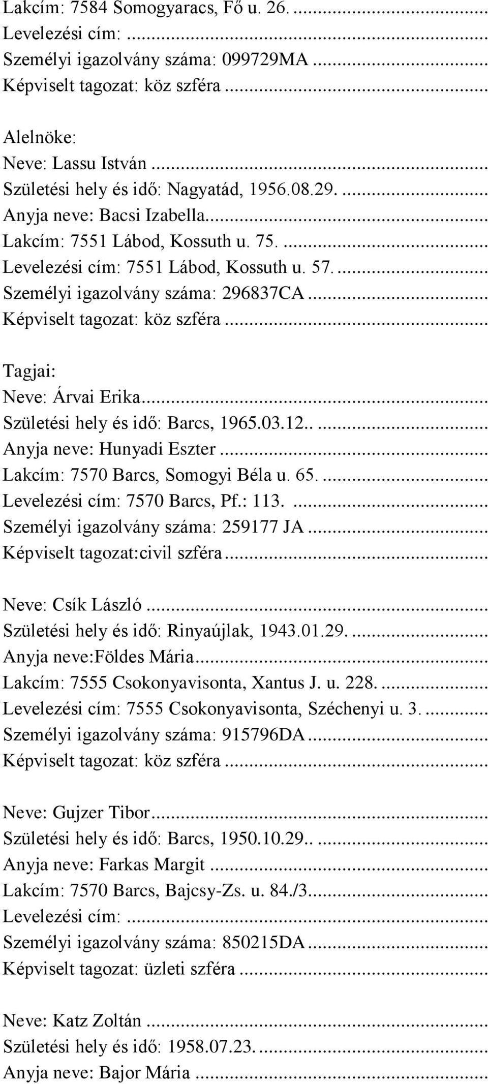 .. Tagjai: Neve: Árvai Erika... Születési hely és idő: Barcs, 1965.03.12..... Anyja neve: Hunyadi Eszter... Lakcím: 7570 Barcs, Somogyi Béla u. 65.... Levelezési cím: 7570 Barcs, Pf.: 113.