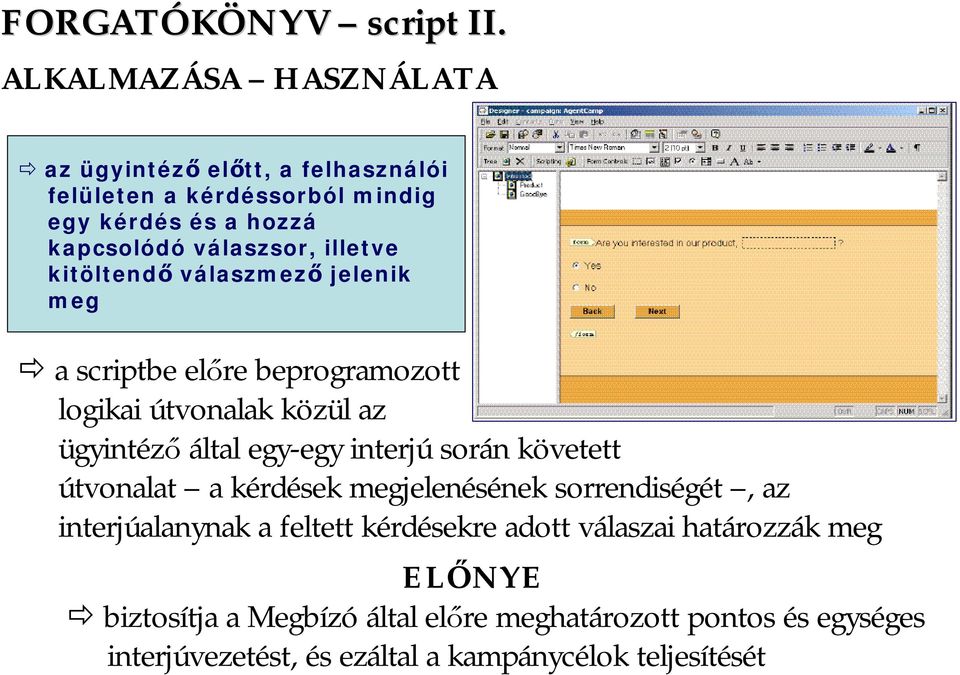 illetve kitöltendő válaszmező jelenik meg a scriptbe előre beprogramozott logikai útvonalak közül az ügyintéző által egy-egy interjú során