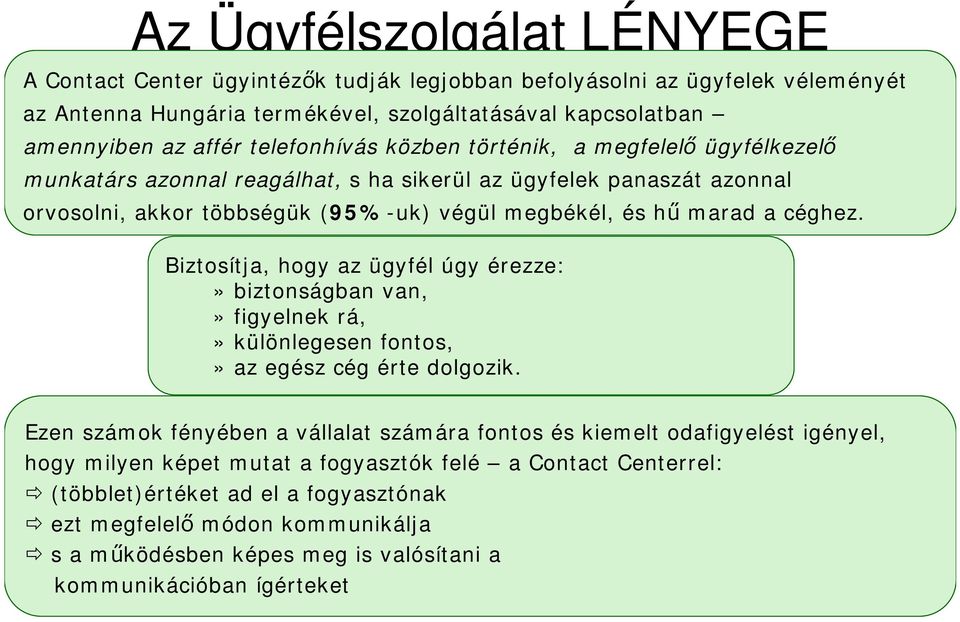 Biztosítja, hogy az ügyfél úgy érezze:» biztonságban van,» figyelnek rá,» különlegesen fontos,» az egész cég érte dolgozik.