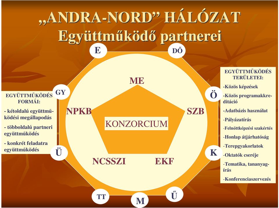 EGYÜTTMKÖDÉS TERÜLETEI: -Közös képzések -Közös programakkreditáció -Adatbázis használat -Pályázatírás