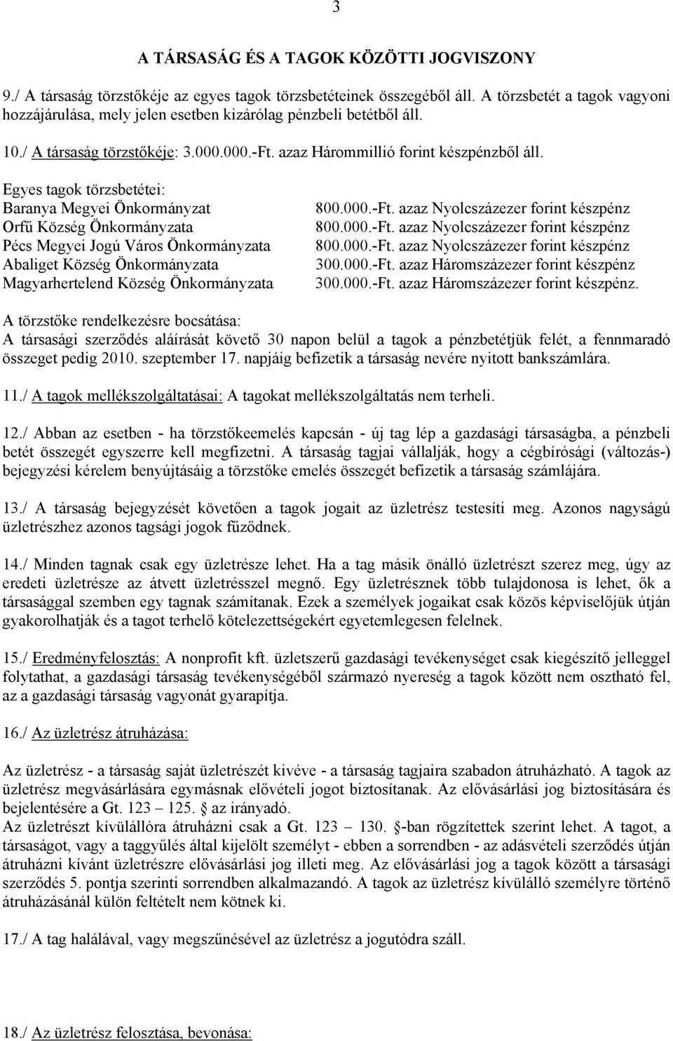 Egyes tagok törzsbetétei: Baranya Megyei Önkormányzat Orfű Község Önkormányzata Pécs Megyei Jogú Város Önkormányzata Abaliget Község Önkormányzata Magyarhertelend Község Önkormányzata 800.000.-Ft.