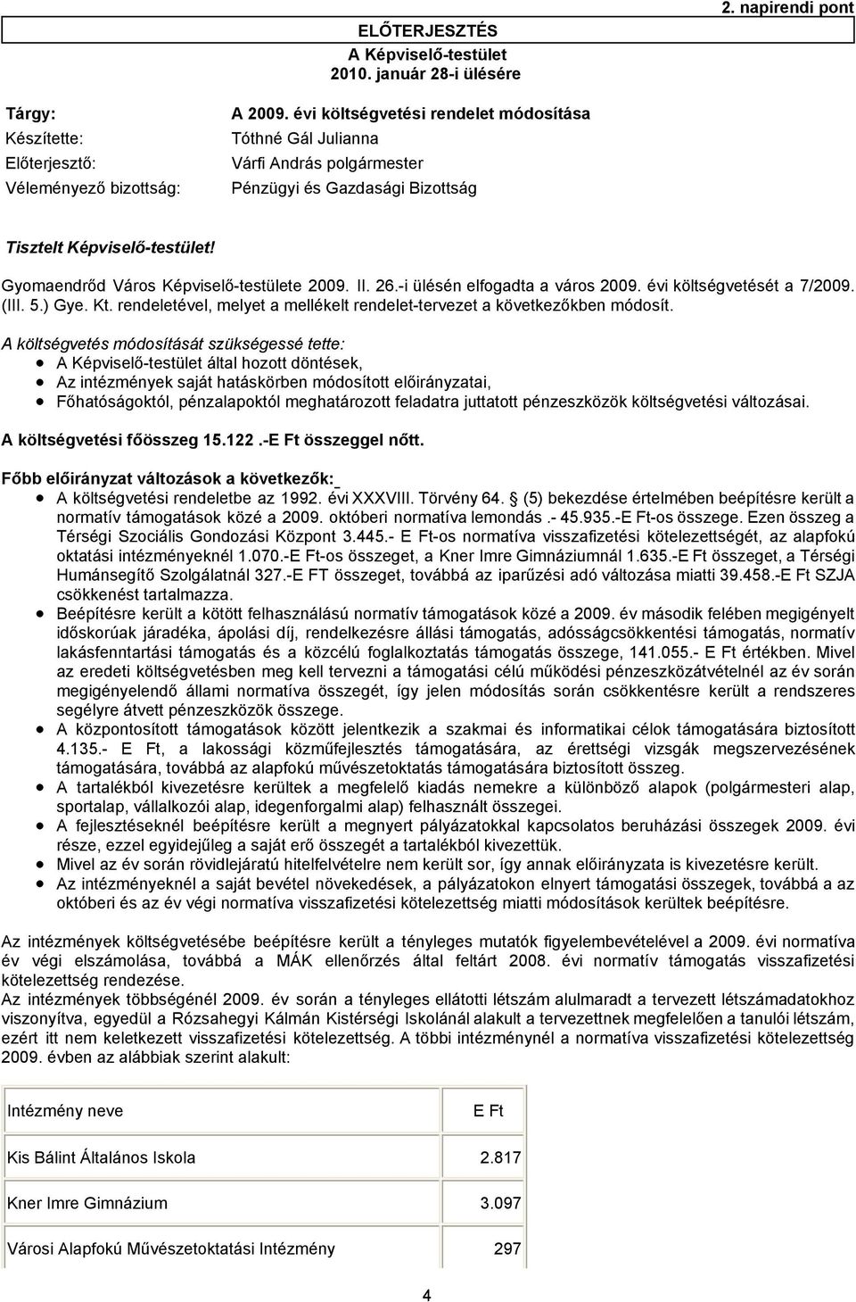 Gyomaendrőd Város Képviselő-testülete 2009. II. 26.-i ülésén elfogadta a város 2009. évi költségvetését a 7/2009. (III. 5.) Gye. Kt.