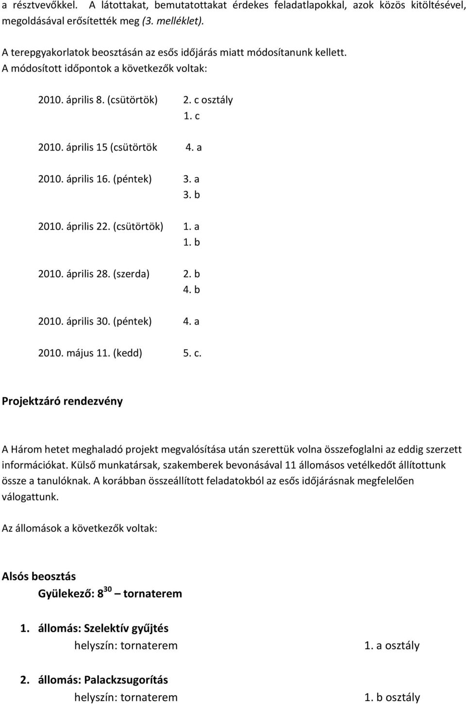 a 2010. április 16. (péntek) 3. a 3. b 2010. április 22. (csütörtök) 1. a 1. b 2010. április 28. (szerda) 2. b 4. b 2010. április 30. (péntek) 4. a 2010. május 11. (kedd) 5. c.