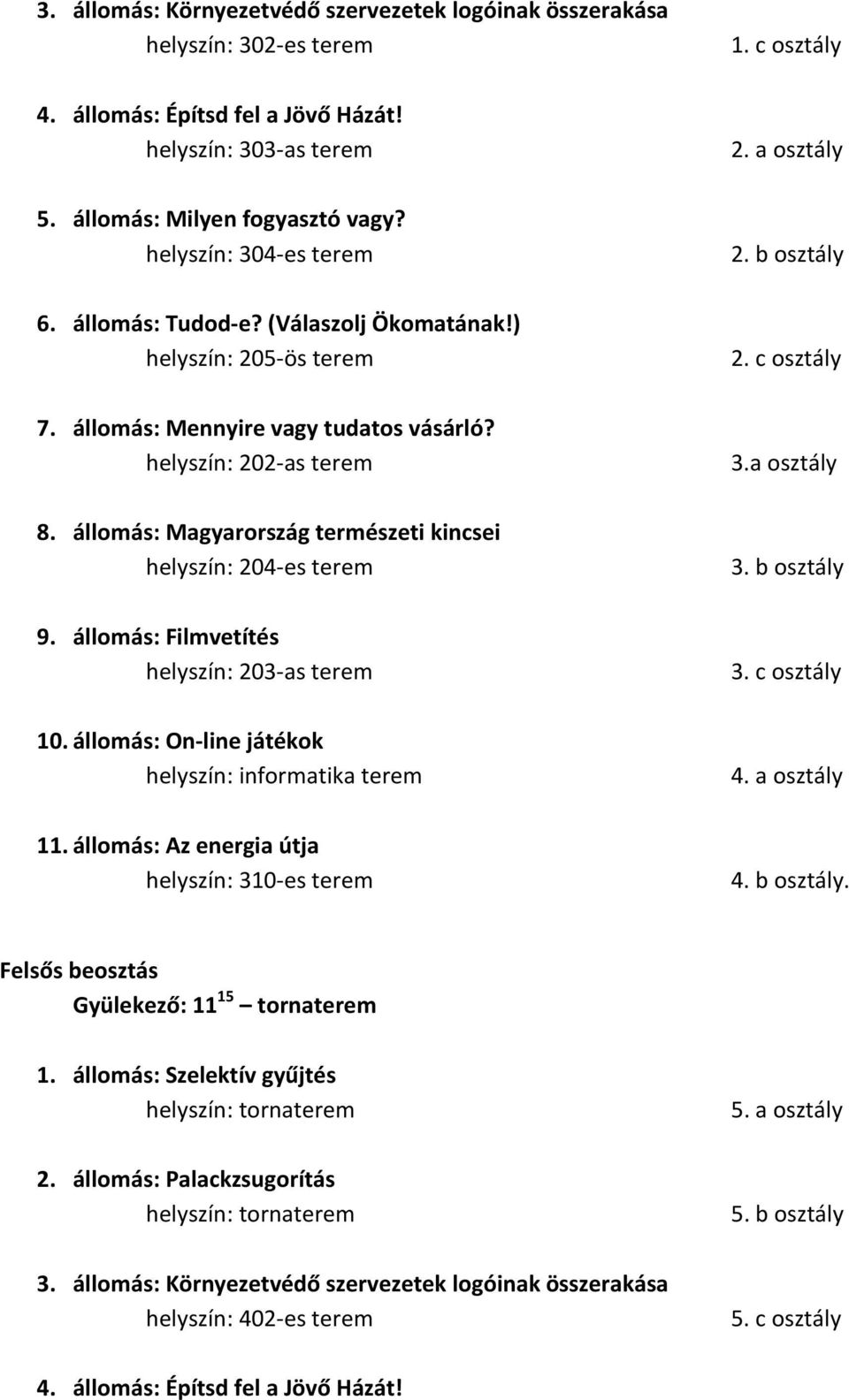 állomás: Magyarország természeti kincsei helyszín: 204 es terem 9. állomás: Filmvetítés helyszín: 203 as terem 10. állomás: On line játékok helyszín: informatika terem 11.