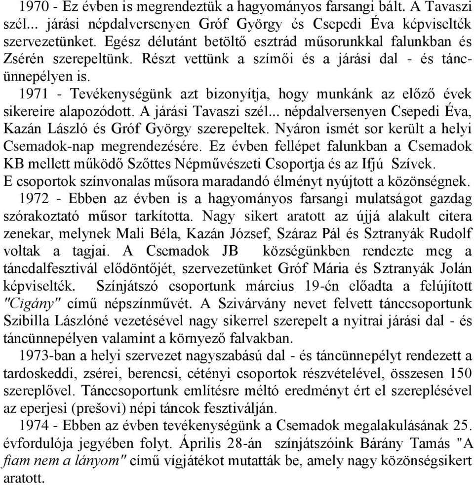 1971 - Tevékenységünk azt bizonyítja, hogy munkánk az előző évek sikereire alapozódott. A járási Tavaszi szél... népdalversenyen Csepedi Éva, Kazán László és Gróf György szerepeltek.