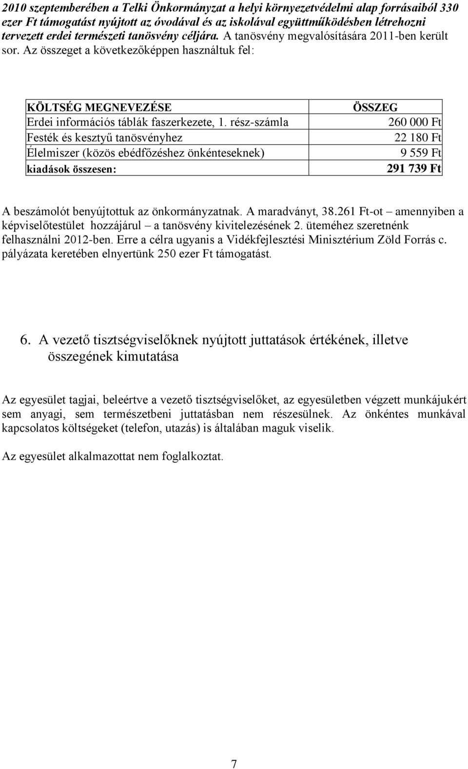 rész-számla Festék és kesztyű tanösvényhez Élelmiszer (közös ebédfőzéshez önkénteseknek) kiadások összesen: ÖSSZEG 260 000 Ft 22 180 Ft 9 559 Ft 291 739 Ft A beszámolót benyújtottuk az