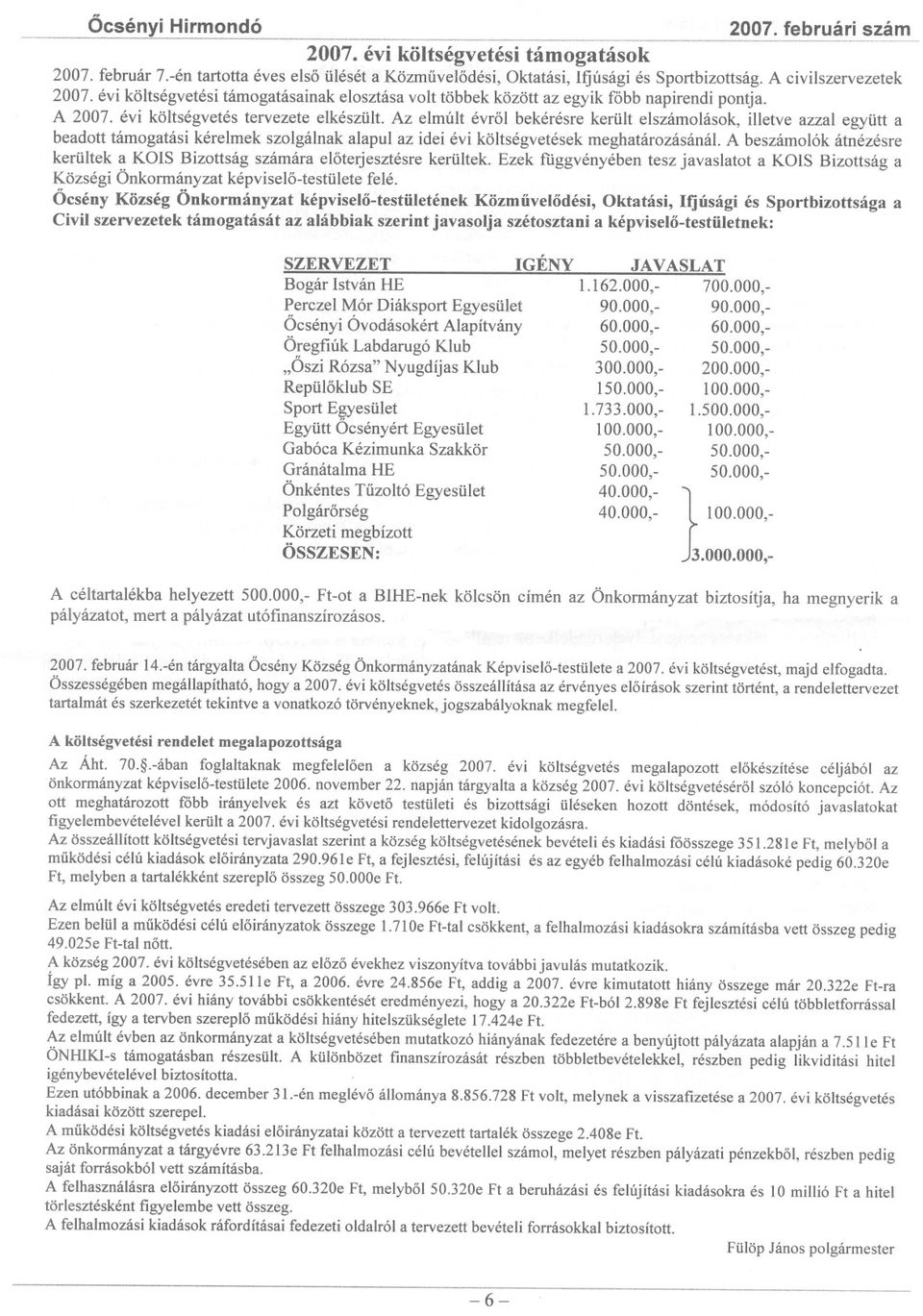 évi költségvetési támogatásainak elosztása volt többek között az egyik fobb napirendi pontja. A 2007. évi költségvetés tervezete elkészült.