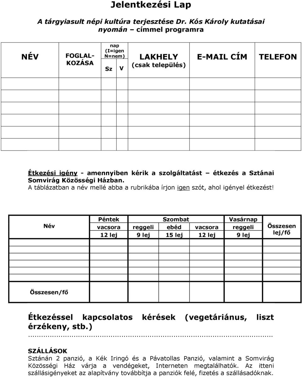 özösségi Házban. táblázatban a név mellé abba a rubrikába írjon igen szót, ahol igényel étkezést!