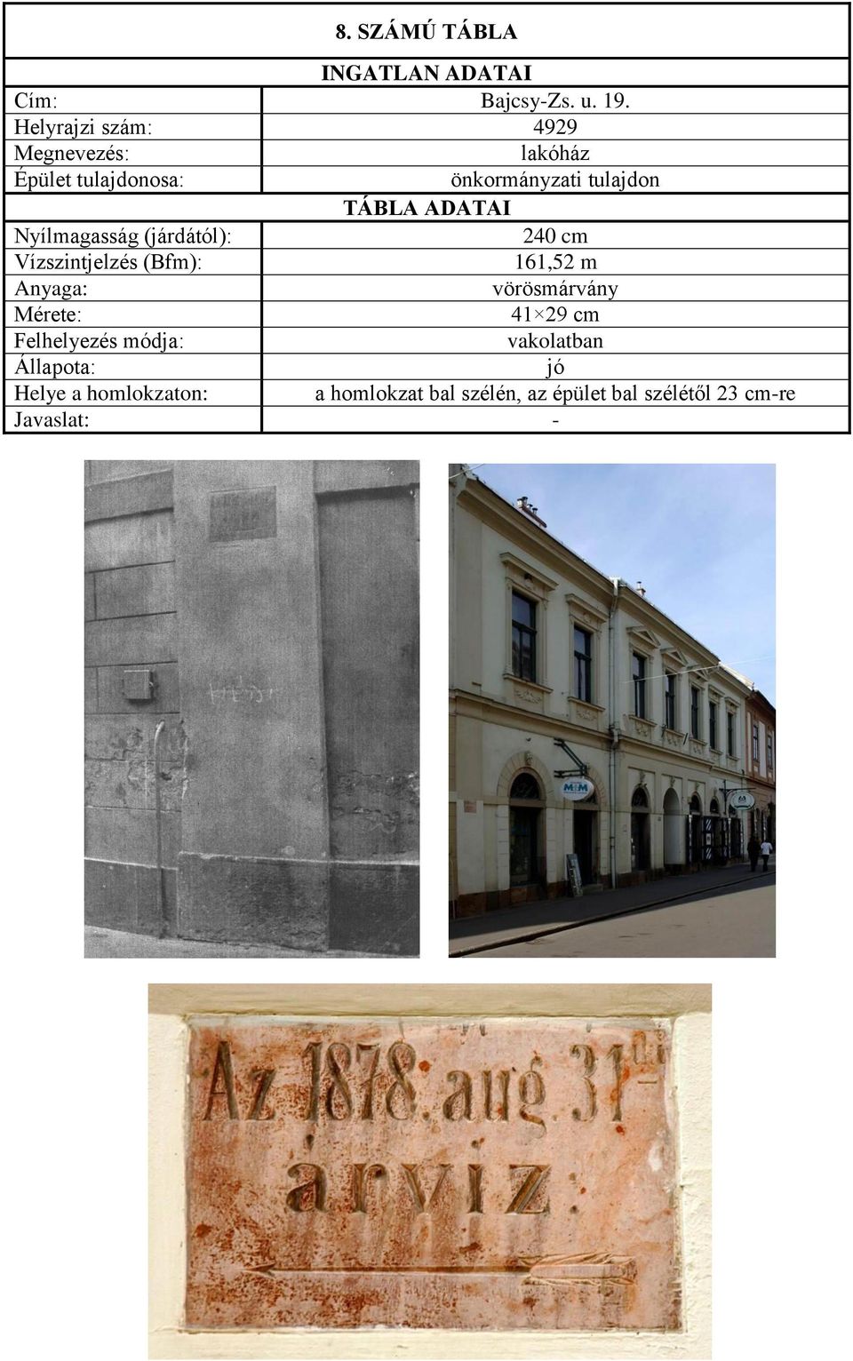 Nyílmagasság (járdától): 240 cm 161,52 m vörösmárvány 41 29 cm