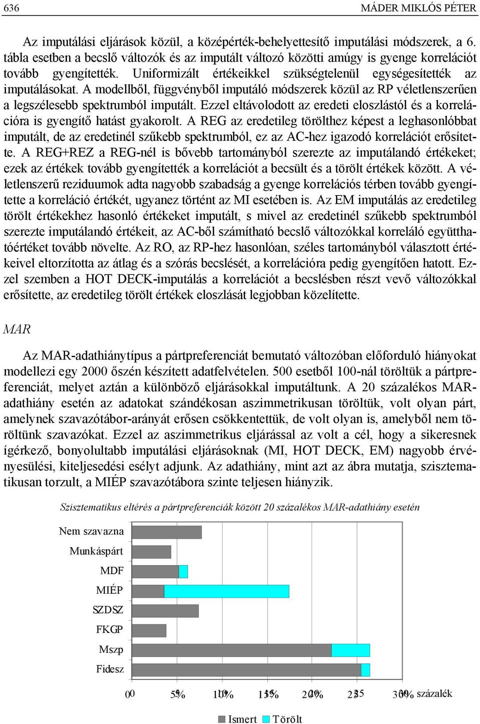 A modellből, függvényből imputáló módszerek közül az RP véletlenszerűen a legszélesebb spektrumból imputált. Ezzel eltávolodott az eredeti eloszlástól és a korrelációra is gyengítő hatást gyakorolt.