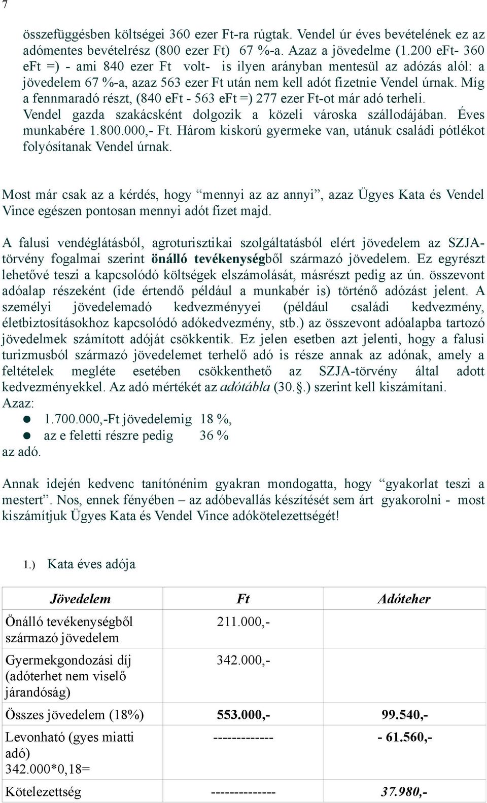 Míg a fennmaradó részt, (840 eft - 563 eft =) 277 ezer Ft-ot már adó terheli. Vendel gazda szakácsként dolgozik a közeli városka szállodájában. Éves munkabére 1.800.000,- Ft.