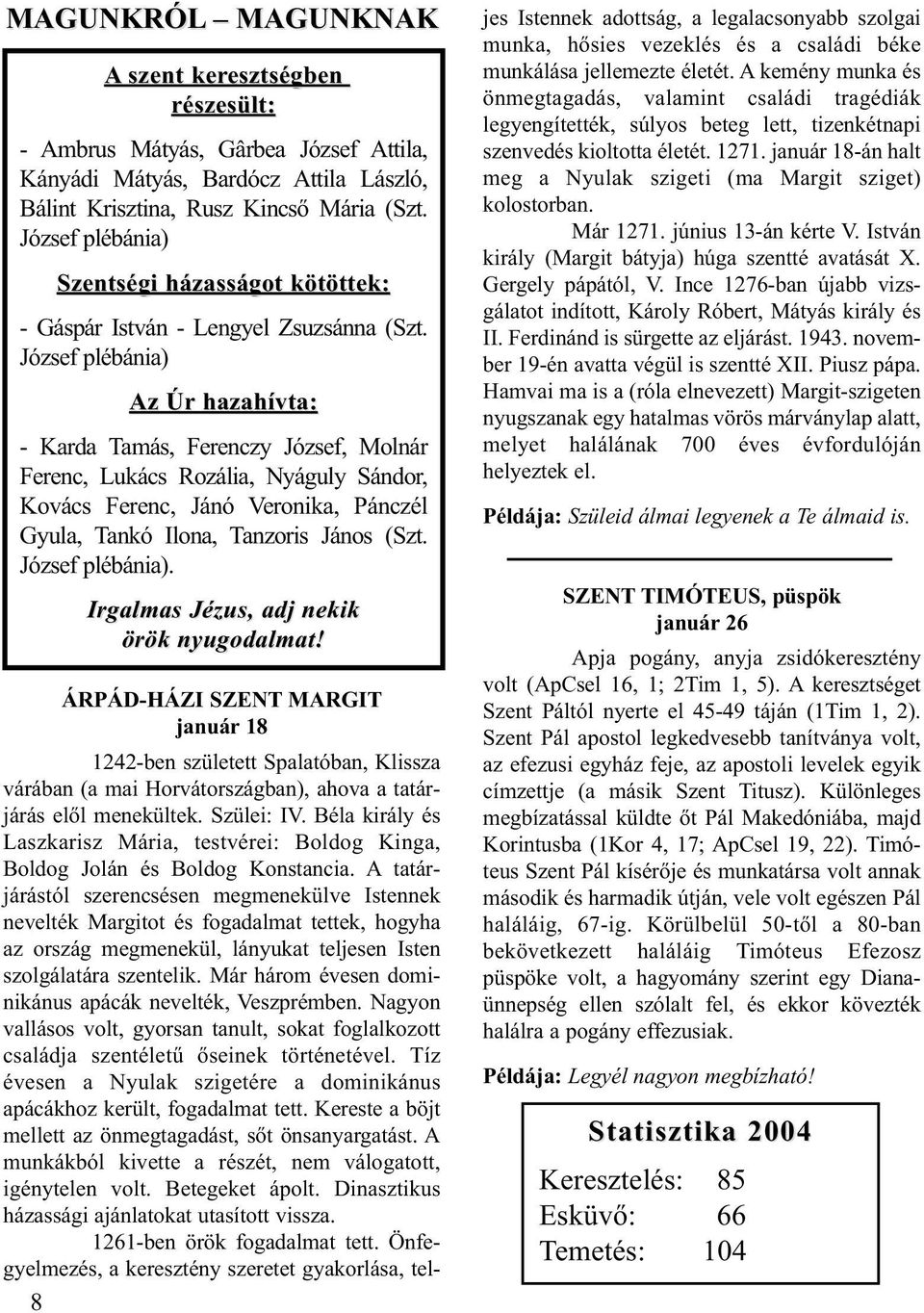 József plébánia) Az Úr hazahívta: - Karda Tamás, Ferenczy József, Molnár Ferenc, Lukács Rozália, Nyáguly Sándor, Kovács Ferenc, Jánó Veronika, Pánczél Gyula, Tankó Ilona, Tanzoris János (Szt.