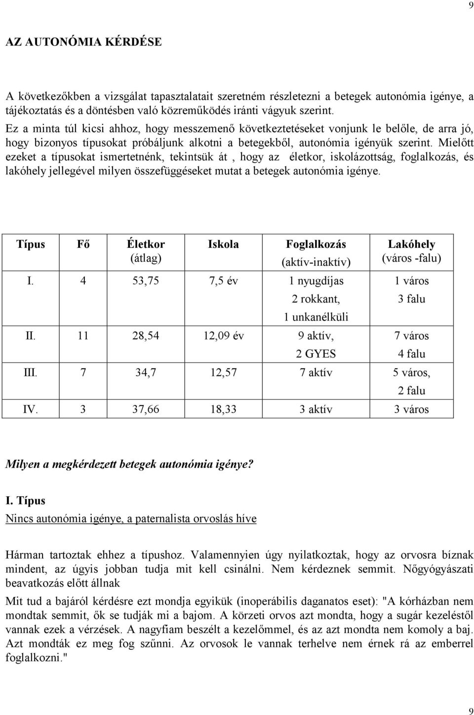 Mielőtt ezeket a típusokat ismertetnénk, tekintsük át, hogy az életkor, iskolázottság, foglalkozás, és lakóhely jellegével milyen összefüggéseket mutat a betegek autonómia igénye.