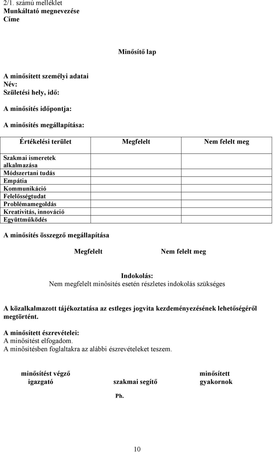 megállapítása Megfelelt Nem felelt meg Indokolás: Nem megfelelt minısítés esetén részletes indokolás szükséges A közalkalmazott tájékoztatása az estleges jogvita kezdeményezésének